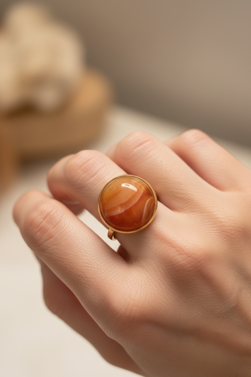 Bague dorée à cabochon rond d’Agate orange naturelle portée au doigt dans une lumière chaude