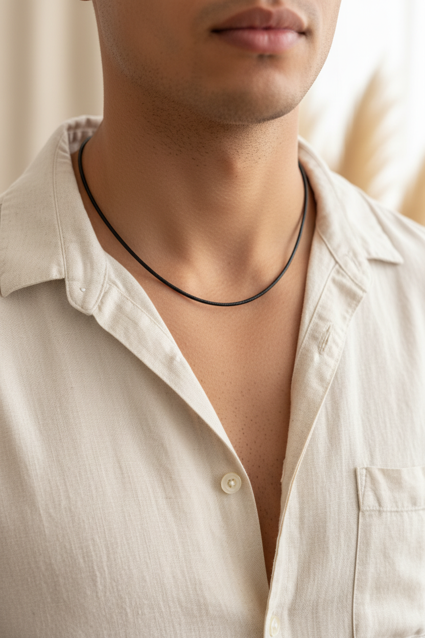 Cordon de collier en simili cuir noir porté sur le cou et le haut du buste d’un homme, longueur ajustable de 45 cm avec rallonge de 5 cm