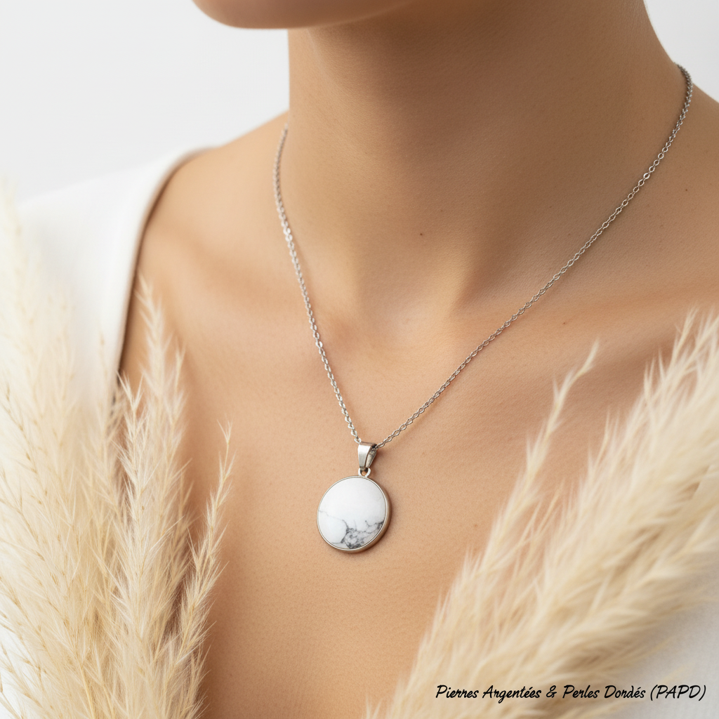 Collier à cabochon rond en howlite blanche, monture argentée, chaîne acier 44 cm