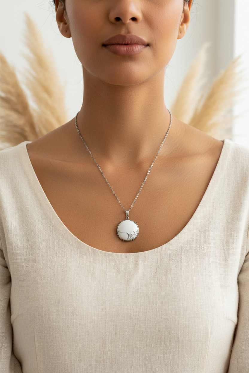 Collier cabochon rond d’howlite blanche sur chaîne acier inox, monture argentée