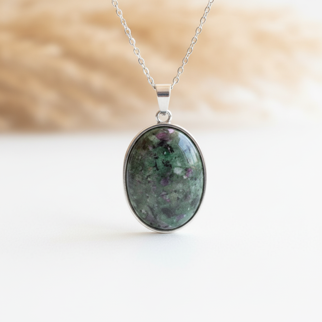 Gros plan d’un pendentif ovale en Zoïsite naturelle aux reflets verts et rosés, monture argentée 18 x 25 mm et chaîne 316L argentée