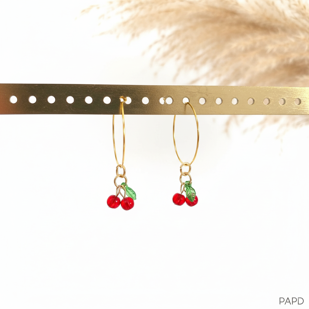 Créoles dorées avec pendentif cerises rouges, perles cerises, PAPD