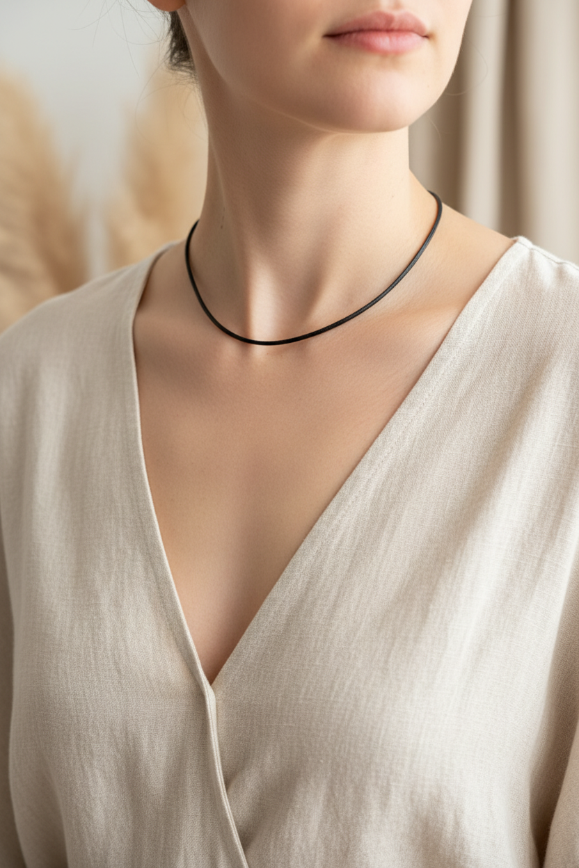 Cordon de collier en simili cuir noir porté sur un cou féminin, longueur ajustable de 45 cm avec rallonge de 5 cm