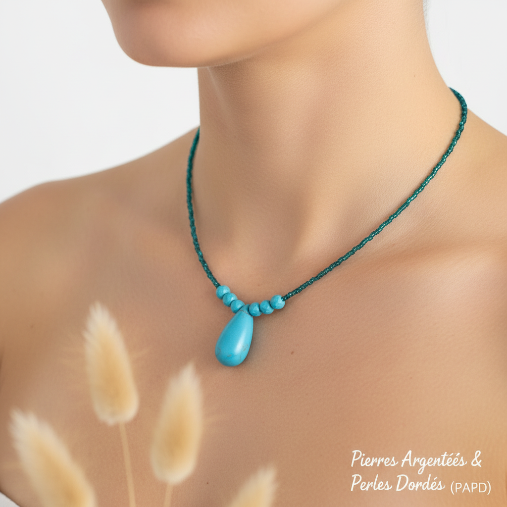 Collier de perles Toho turquoise avec pendentif goutte en pierre bleue-vert, fait main