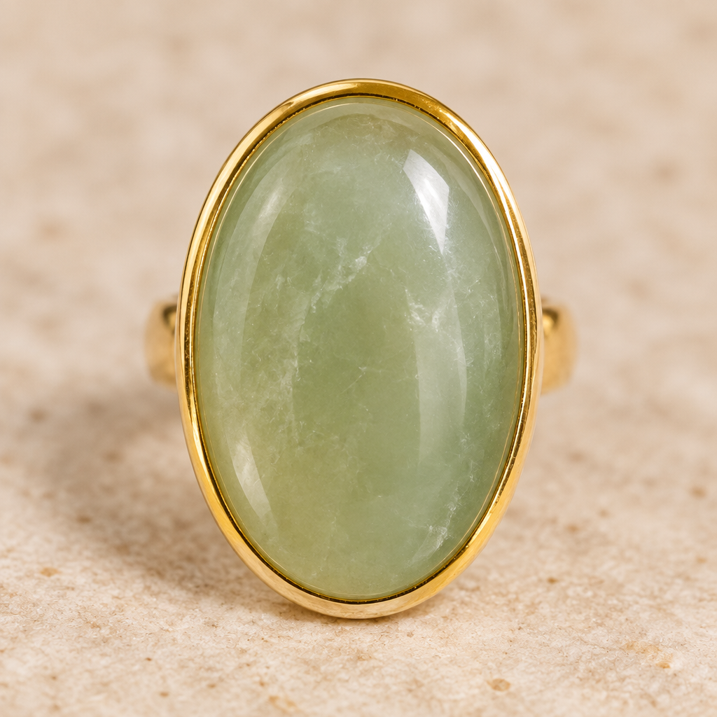 Bague ajustable dorée, cabochon ovale vert en aventurine avec bordure brillante