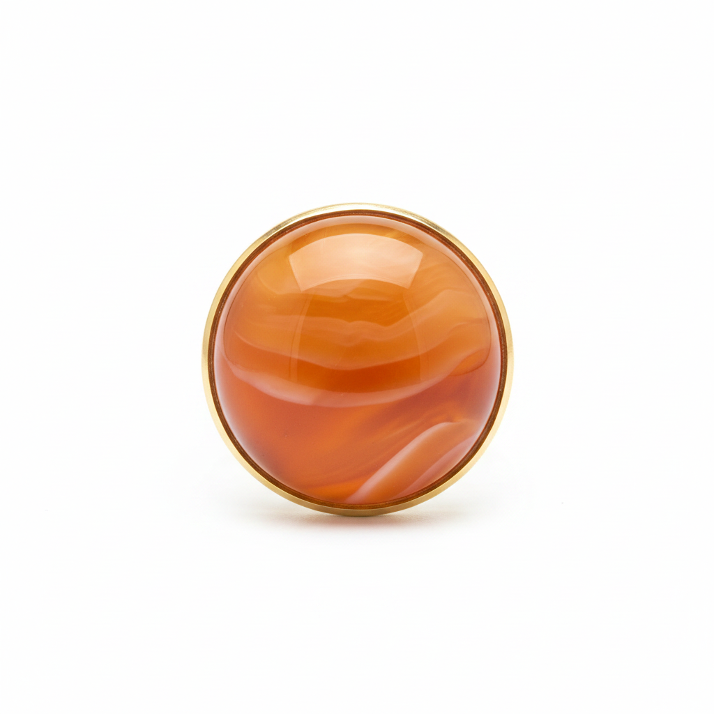 Gros plan du cabochon rond d’Agate orange naturelle aux bandes crème et de sa monture dorée