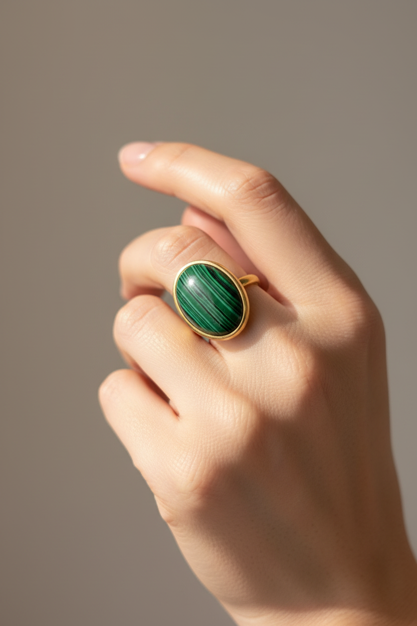 Bague dorée ajustable en Malachite verte portée au doigt