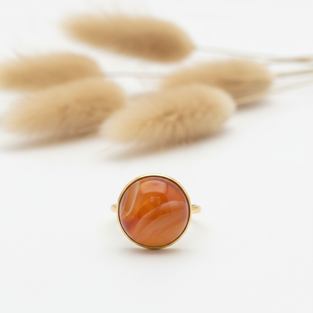Bague dorée avec cabochon rond d’Agate orange naturelle aux bandes crème sur fond blanc avec pampas