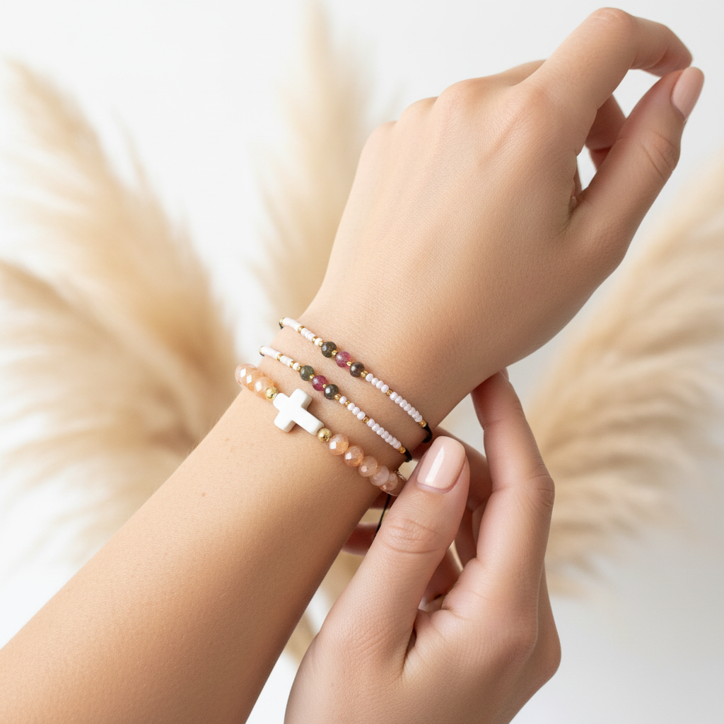 Bracelets empilés à perles et croix, cordon réglable, pierres roses et foncées sur poignet
