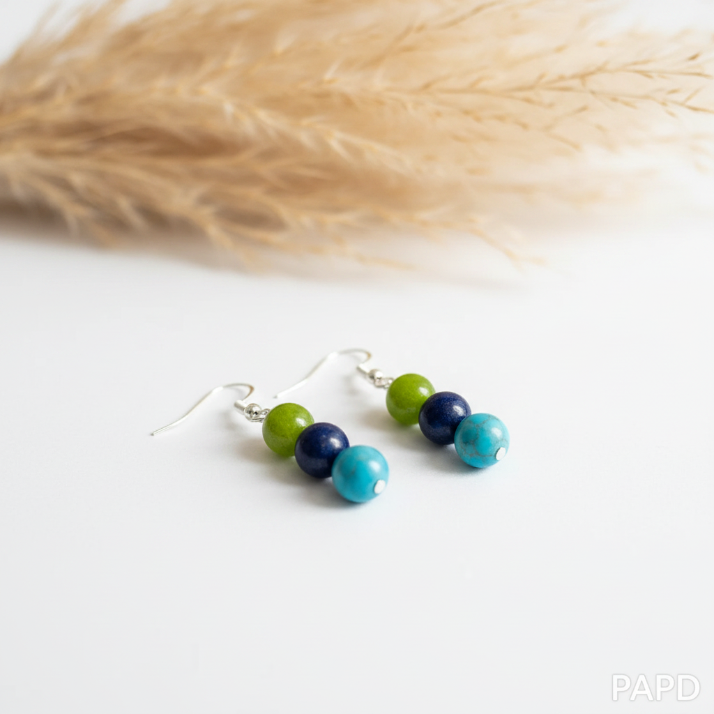 Boucles d’oreilles pendantes en acier argenté, perles vertes, bleues et turquoise