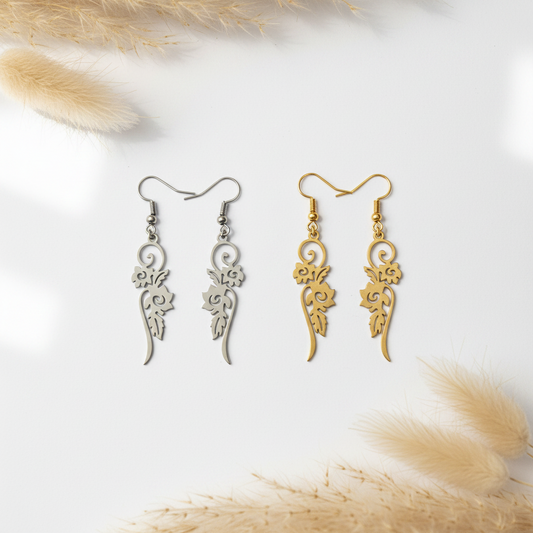 Boucles d'oreilles pendantes fleur filigrane | Or & Argenté | Acier inoxydable 316L
