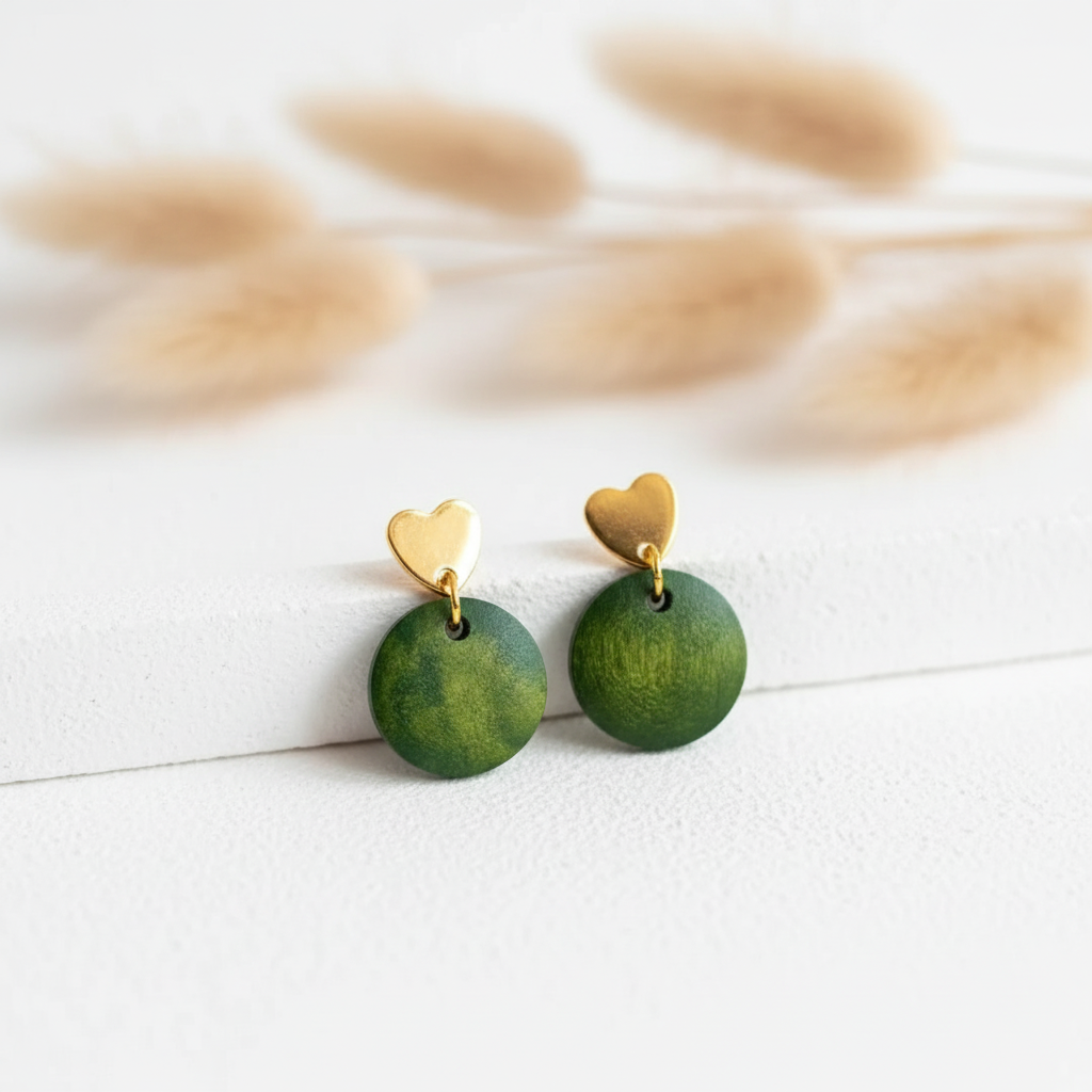 Boucles d’oreilles puces cœur doré et pendentif rond vert, acier 316L