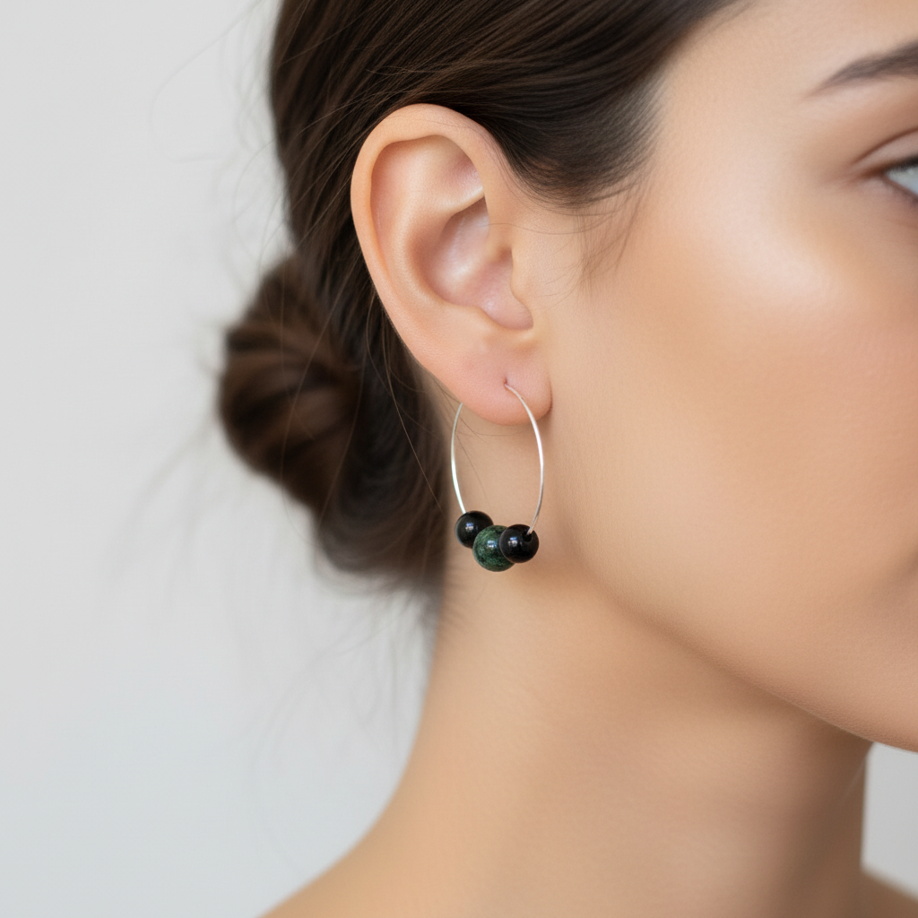 Boucles créoles anneau en métal avec perles vert foncé et billes noires