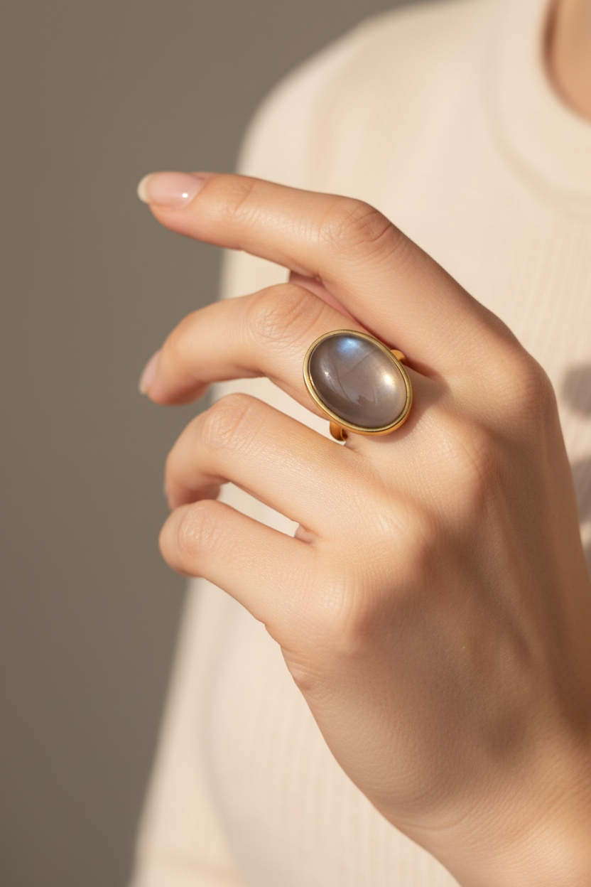 Bague dorée ajustable avec cabochon ovale de Pierre de Lune grise portée